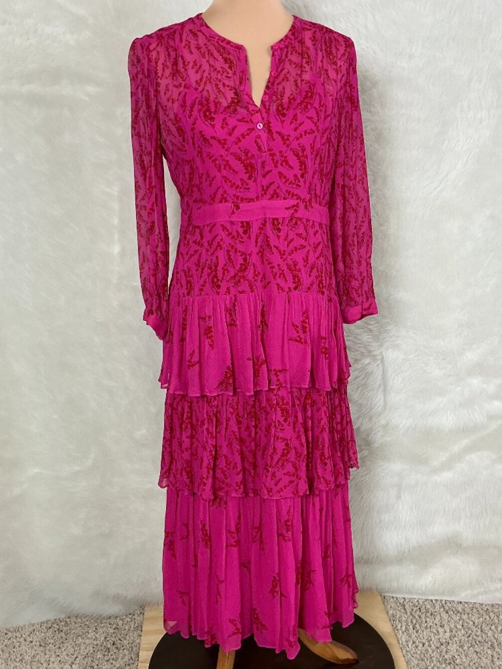 BA&SH Fuchsia Pink Floral Sheer Crinkle Fabric Tiered Morris Midi Dress S